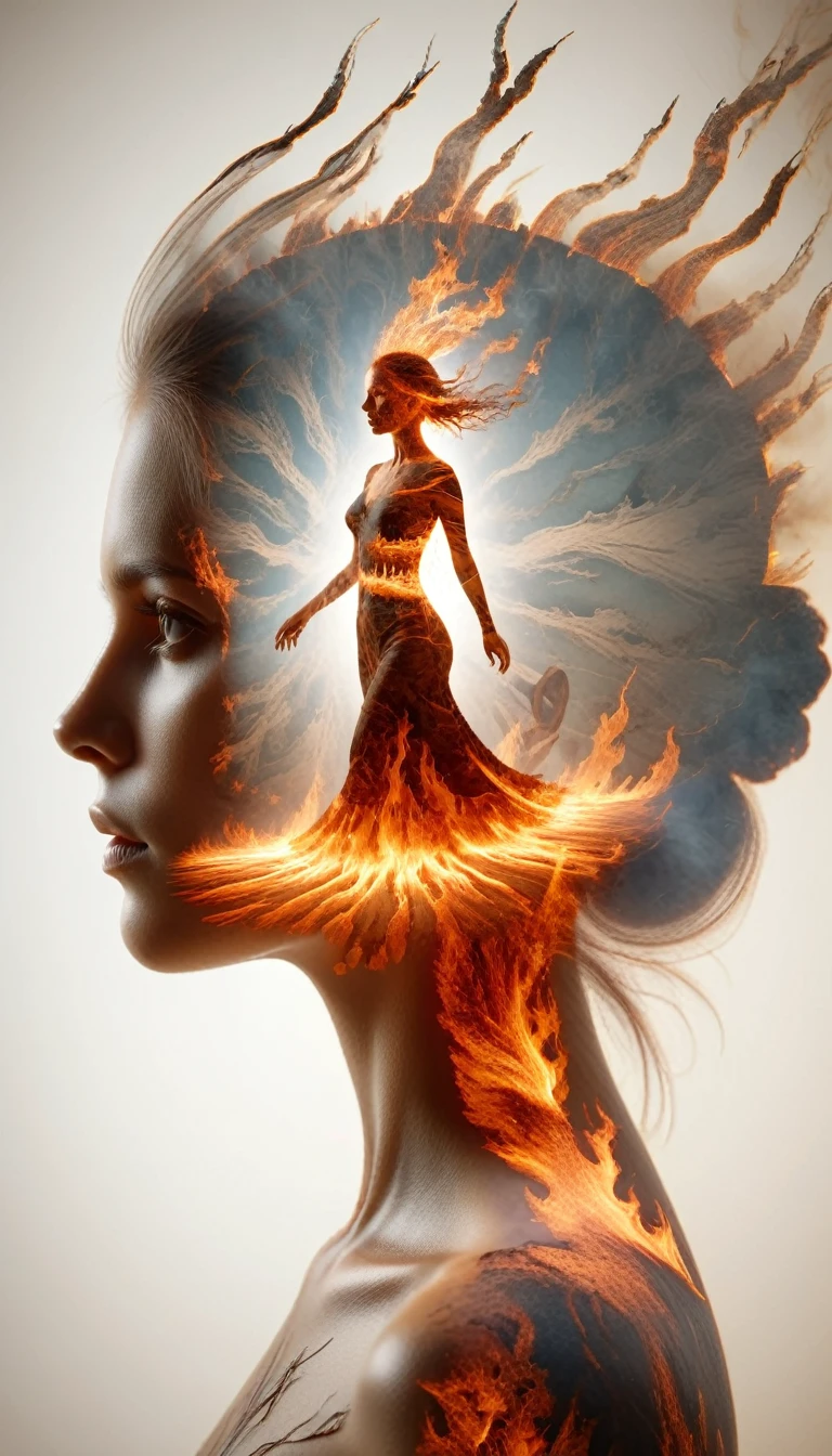 dvr-wwyt, a woman, [ floating overlapping hollow squares pin : scorched earth, a woman portrait inspired by tridents , mirrored imagery, fire bender, fast shutter speed dvr-frft : 5] , double exposure 