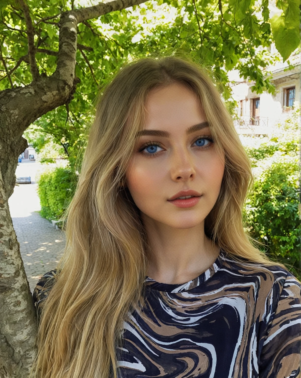 blonde woman with long hair and blue eyes standing in front of a tree, Portrait Sophie Mudd, Dasha Taran, Anna Nikonova aka Newmilky, Style of Julia Razumova, Sidney Sweeney, Anastasia Ovchinnikova, Julia Gorokhova, Yelena Belova, Angelina Stroganova, Perfect face )