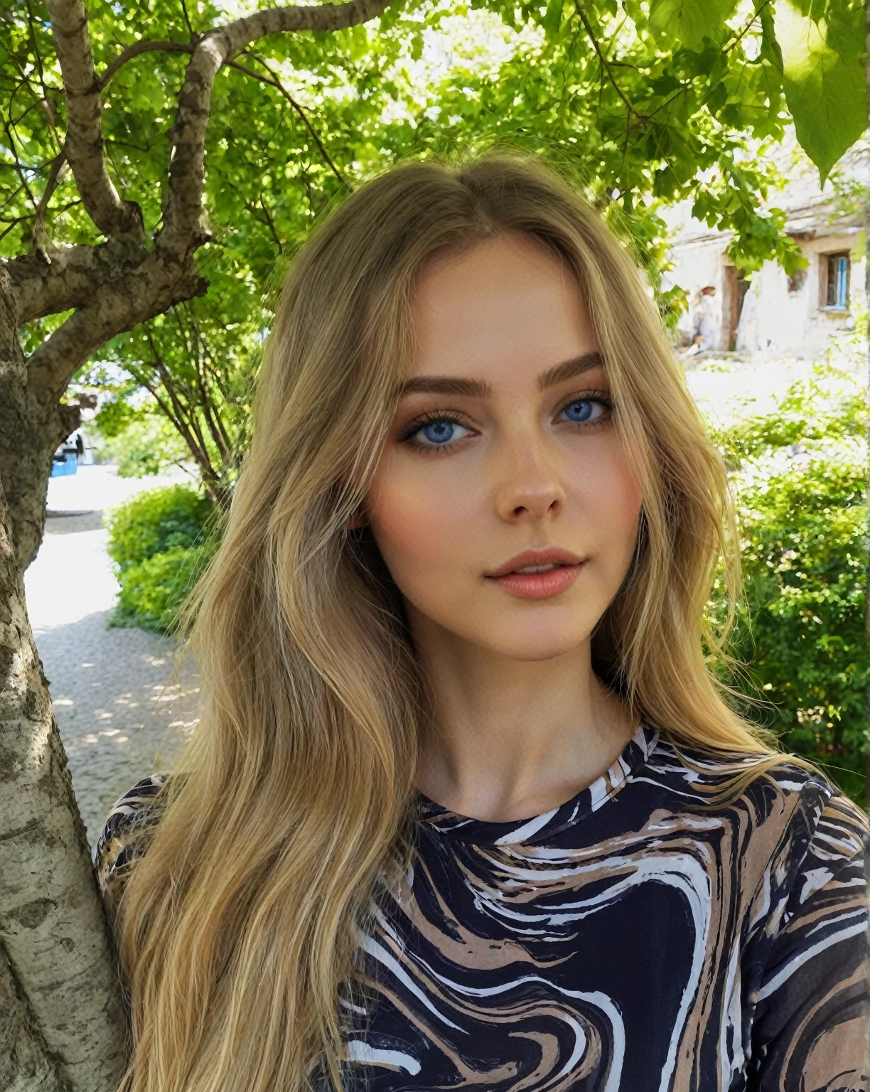 blonde woman with long hair and blue eyes standing in front of a tree, Portrait Sophie Mudd, Dasha Taran, Anna Nikonova aka Newmilky, Style of Julia Razumova, Sidney Sweeney, Anastasia Ovchinnikova, Julia Gorokhova, Yelena Belova, Angelina Stroganova, Perfect face )