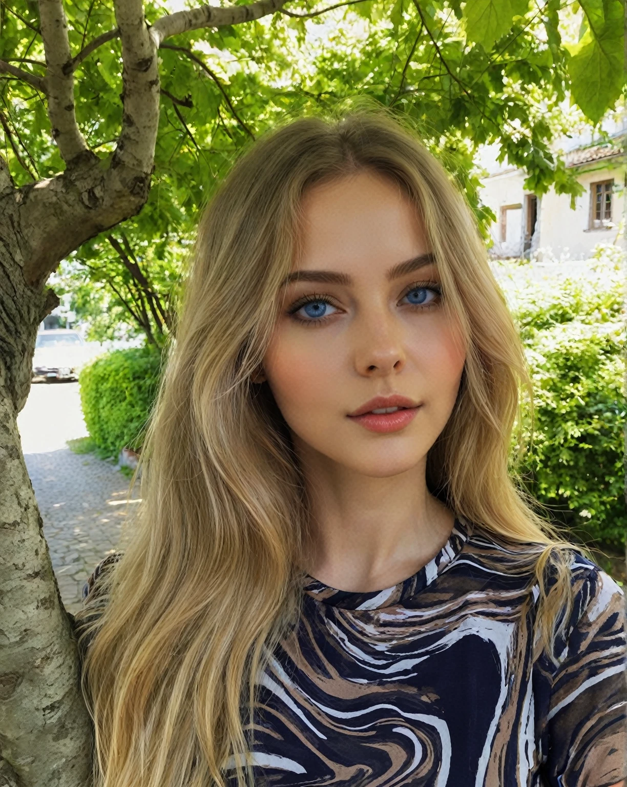 blonde woman with long hair and blue eyes standing in front of a tree, Portrait Sophie Mudd, Dasha Taran, Anna Nikonova aka Newmilky, Style of Julia Razumova, Sidney Sweeney, Anastasia Ovchinnikova, Julia Gorokhova, Yelena Belova, Angelina Stroganova, Perfect face )