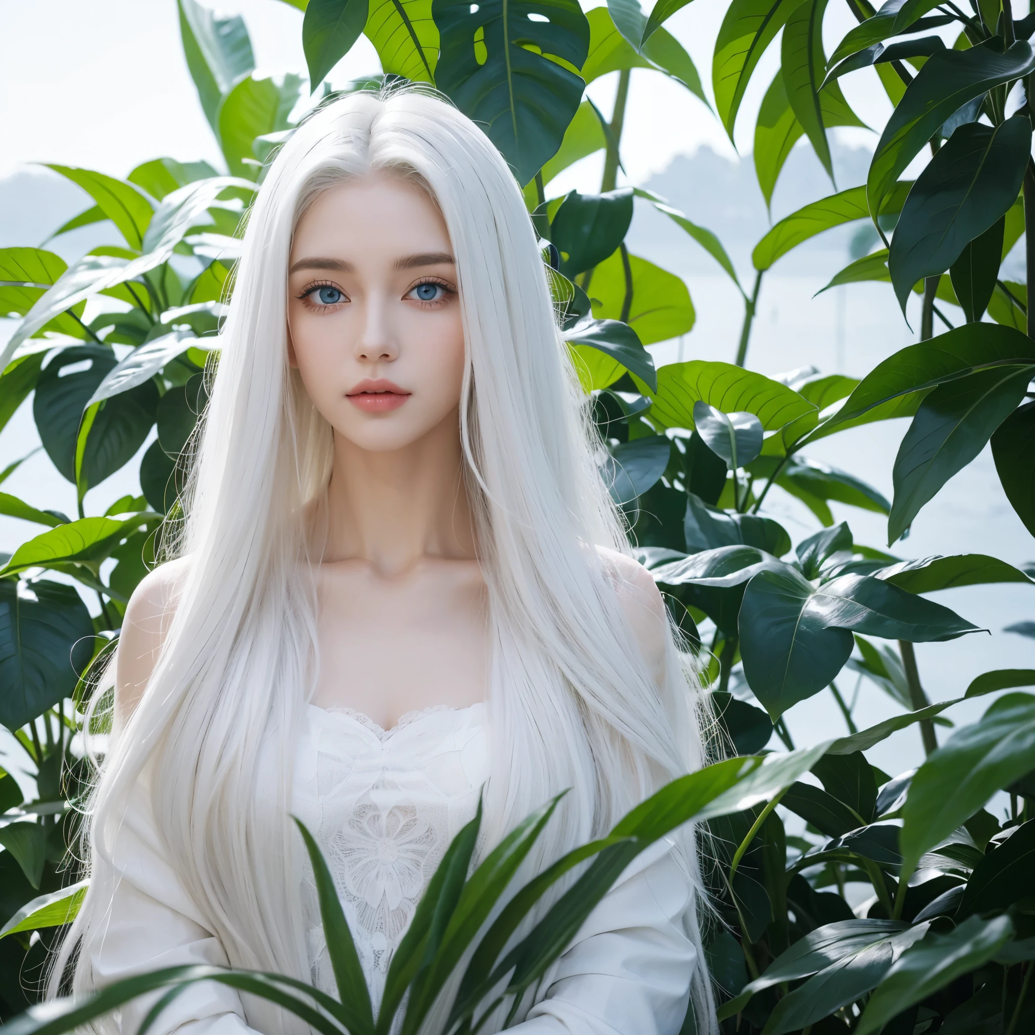 1 woman, White long curly hair,Natural and beautiful hair, clean and beautiful. White hair. Close lips. Blue natural eyes. Black clothes. Plantas.