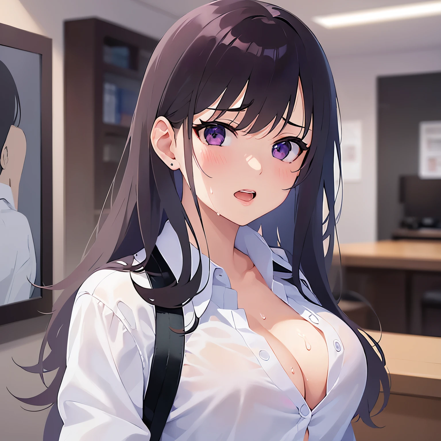 looking back,Detailed CG,Ultra-fine illustrations,masterpiece,Highest quality,AW Photo,Realistic,Upper Body,BREAK(White collared shirt:1.5)and(Cleavage)BREAK,(Pale skin:1.2),Glossy skin, shiny hair,(A 26-year-old woman with straight hair and bangs)and(Medium Hair)and(Black Hair)and(Purple eyes),(shocked:1.2),(sweat:1.5),(blush:1.2),(open mouth),The background is the conference room,Alone