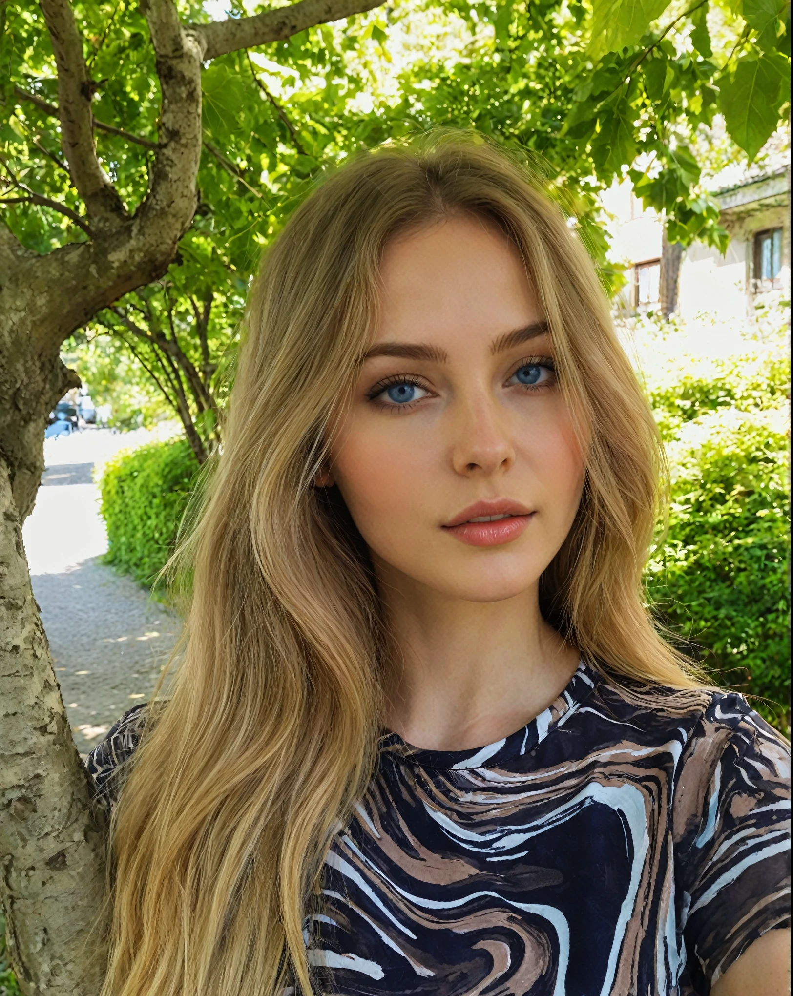 blonde woman with long hair and blue eyes standing in front of a tree, Portrait Sophie Mudd, Dasha Taran, Anna Nikonova aka Newmilky, Style of Julia Razumova, Sidney Sweeney, Anastasia Ovchinnikova, Julia Gorokhova, Yelena Belova, Angelina Stroganova, Perfect face )