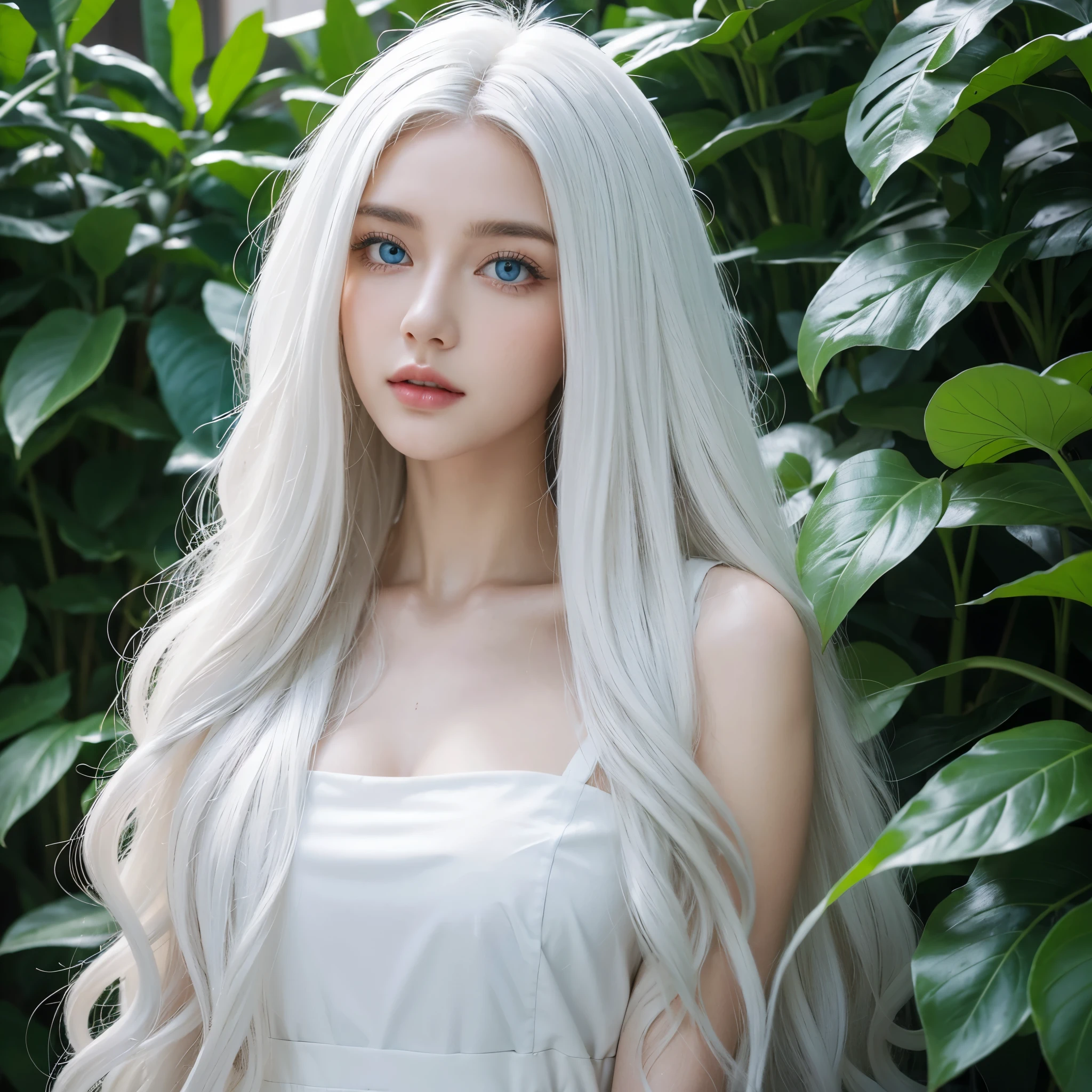 1 woman, White long curly hair,Natural and beautiful hair, clean and beautiful. White hair. Close lips. Blue natural eyes. Black clothes. Plantas.