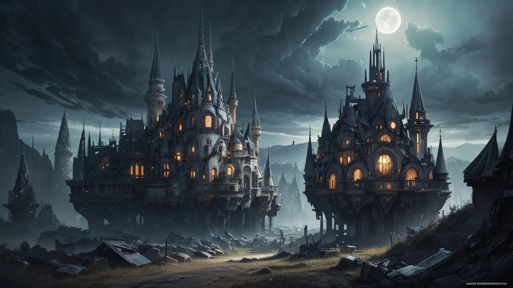 (high quality、and 8K、ultra hd, distant starlight,)、dark fantasy, The fantastic landscape, very detailed landscape, Moonlight, medieval city in the middle of the forest、The future of science fiction, dark art, dystopian atmosphere, steampunk and retro world., land like cappadocia, light from the building windows, Strange architecture and streets inspired by Antonio Gaudí, dark sky, cloudy sky, grey sky, art by:Alberto Seveso、abstract art style、intricate and detailed watercolor painting、digital paint、conceptual art、stereoscopic lighting、 TanvirTamim、reflective metal、render 2d、germ of art、ArtStat Trends