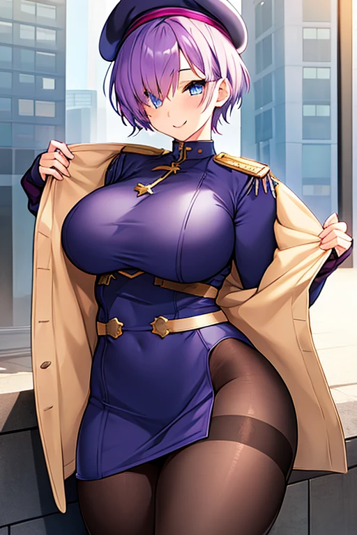 1girl, very short hair, purple hair, pixie cut, one eye covered, hair over one eye, jacket, blue eyes, beret, smile, skirt, large breasts, thick thighs, pantyhose, black pantyhose, mature female, milf, epaulettes