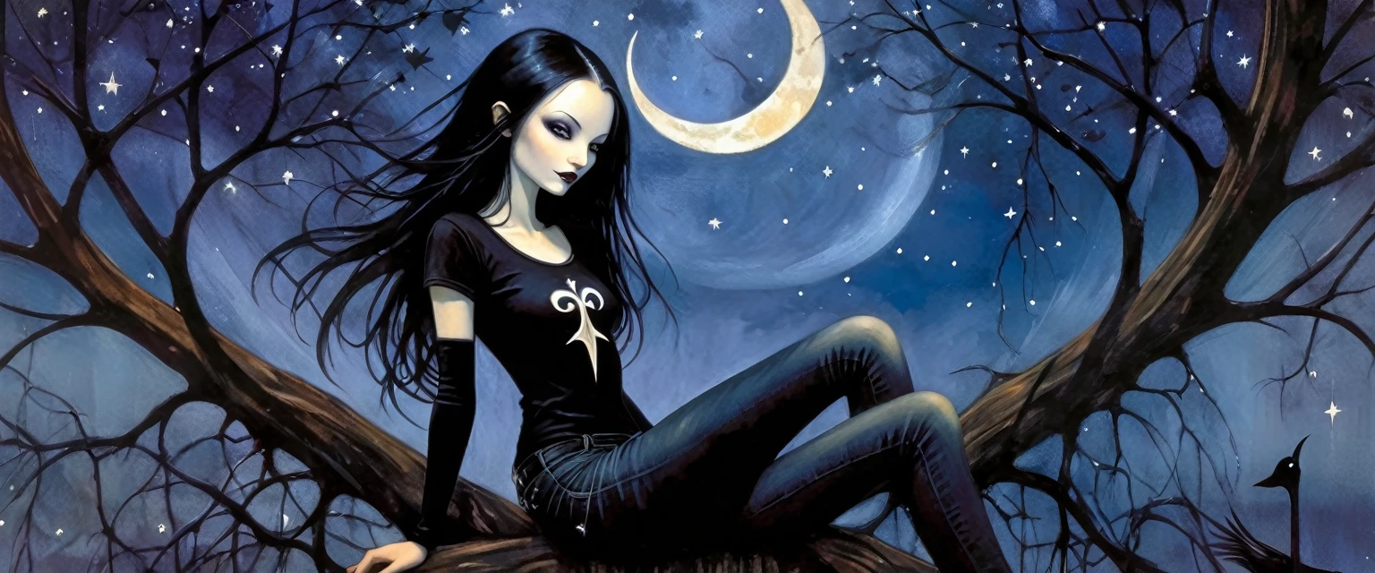 Sexy gothic girl, long black and straight hair, tight black t-shirt and jeans, small breasts, pale white skin tone, ankh symbol, a dark crow accompanies her, sitting under a tree with convoluted branches, magic, fantastic, night sky, moon , stars, background (simple oil painting in a Dave mcKean style)
