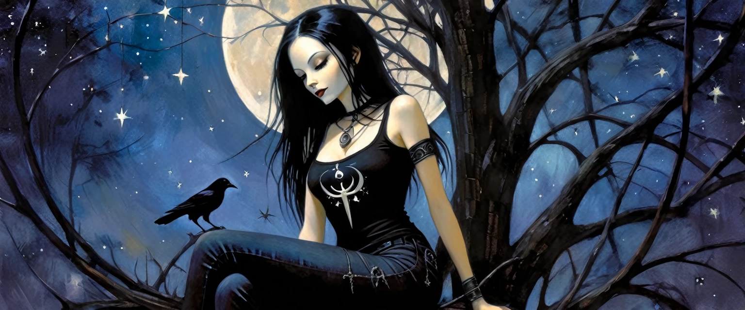 Sexy gothic girl, long black and straight hair, tight black t-shirt and jeans, small breasts, pale white skin tone, ankh symbol, a dark crow accompanies her, sitting under a tree with convoluted branches, magic, fantastic, night sky, moon , stars, background (simple oil painting in a Dave mcKean style)