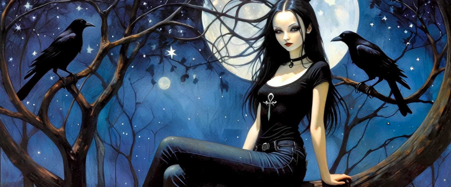 Sexy gothic girl, long black and straight hair, tight black t-shirt and jeans, small breasts, pale white skin tone, ankh symbol, a dark crow accompanies her, sitting under a tree with convoluted branches, magic, fantastic, night sky, moon , stars, background (simple oil painting in a Dave mcKean style)
