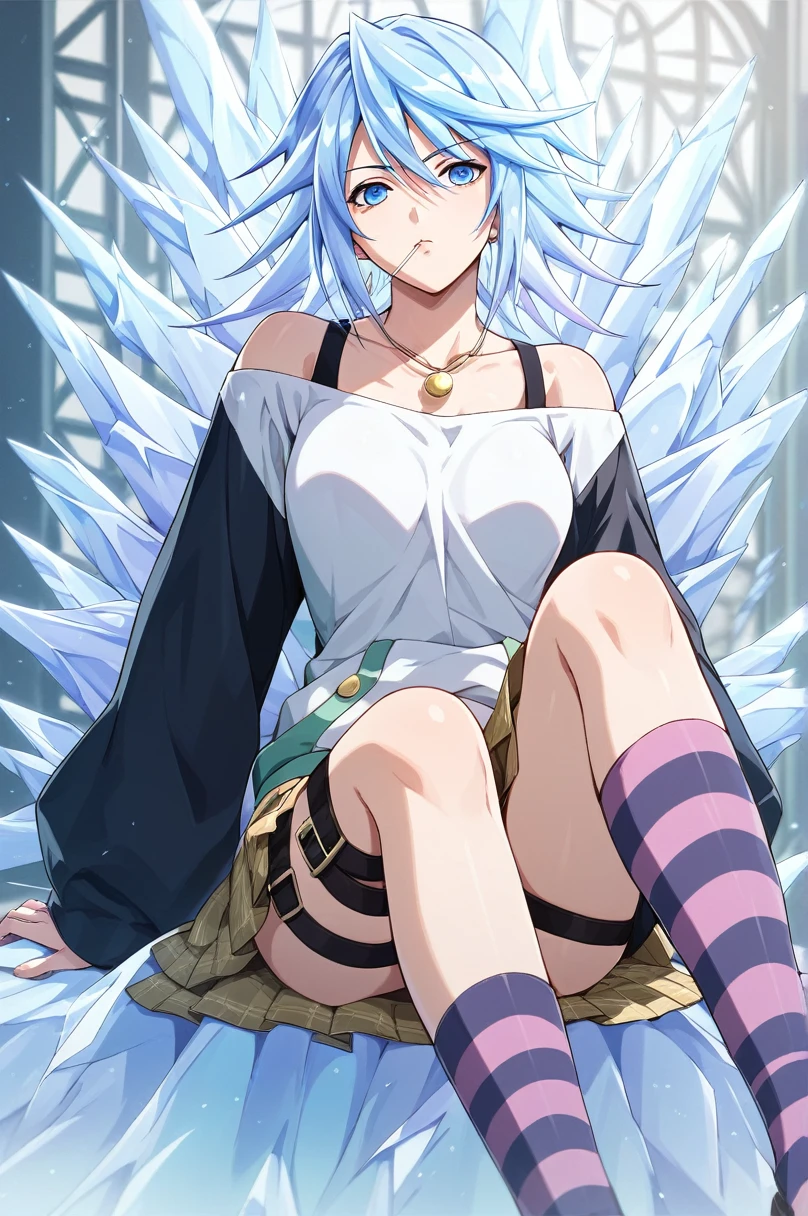 Fraction_9, Fraction_8_Direction_7_up, Source Animation, Perfect lighting, very aesthetic, Clear rating,
1 Girl, Baixuegou, rosario+vampire, short hair, blue eyes, Medium breasts, Beautiful Kiyoyuki, Ice hair, Anime Coloring, Anime Screenshots, Serious, Looking at the audience, Cruel outfit, Long sleeve, Striped knee-length socks, Pleated Skirt, necklace, lollipop, Single leg strap, Anime Coloring, Anime Screenshots,