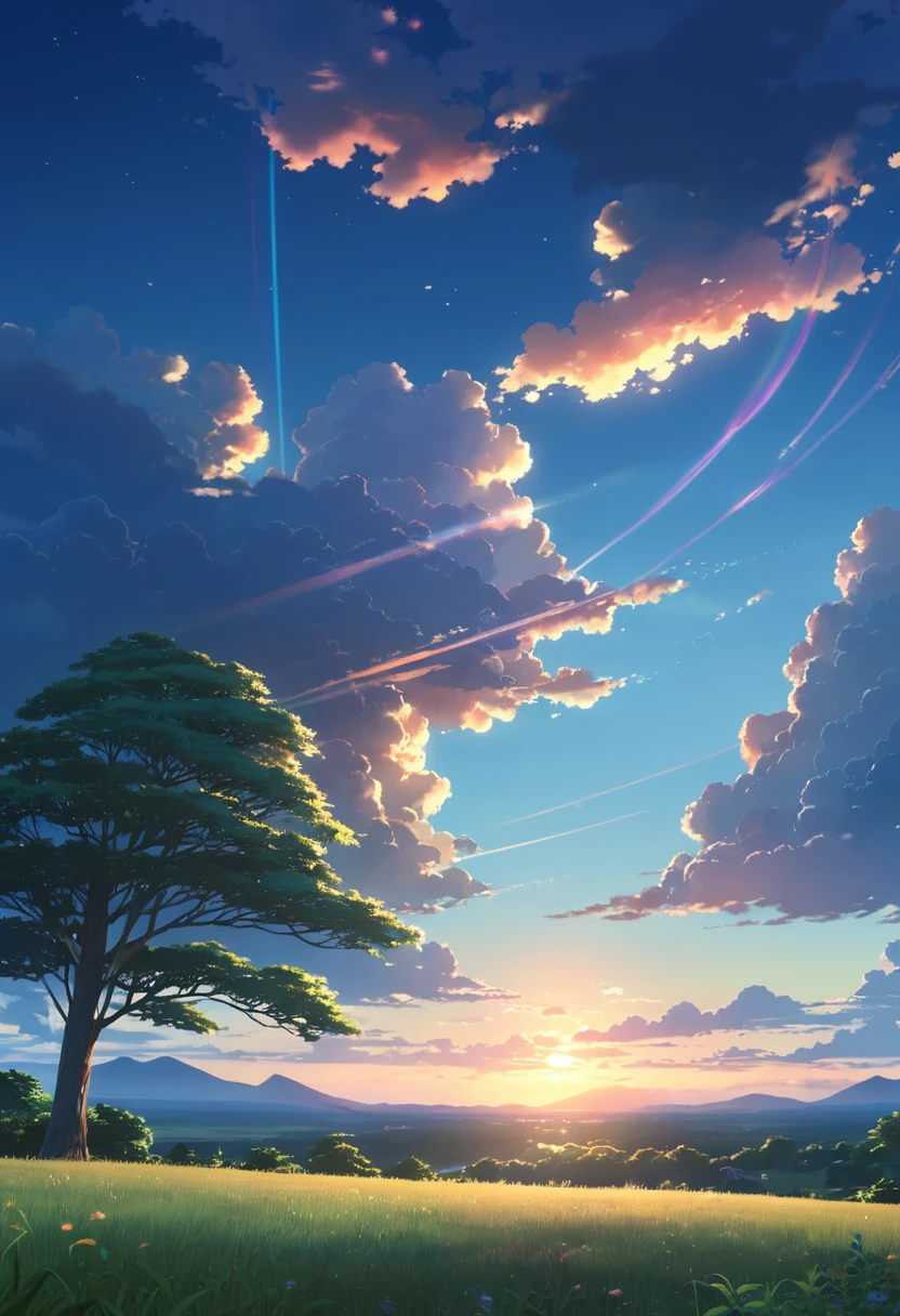 (((Makoto Shinkai))), Evening Summer Countryside, Midsummer Iridescent Clouds and Trees,(Masterpiece, Top Quality, Top Quality),(Super Detail, Absolute Resolution),((16K, High Resolution)))