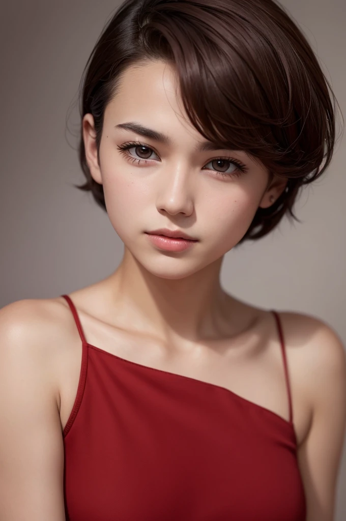 A young man, no more than 28 years old, with full lips and short dark brown hair dressed in a low-cut red dress
