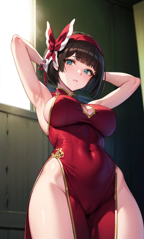 Mio same as the original, Mio, nude, (pussy:1.1)
BREAK, (Chinese dress), (view from below), arms behind back, (wild lift), thin dress, crotch cutout,
BREAK looking at viewer,
BREAK, home,
BREAK masterpiece, (beautiful detailed eyes), extremely detailed face, perfect lighting, (perfect hands, perfect anatomy), large breasts, hairband, hair bow, hair ribbon
