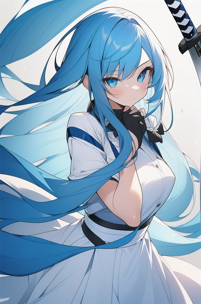 girl, long blue hair, blue eyes, white dress, with a katana