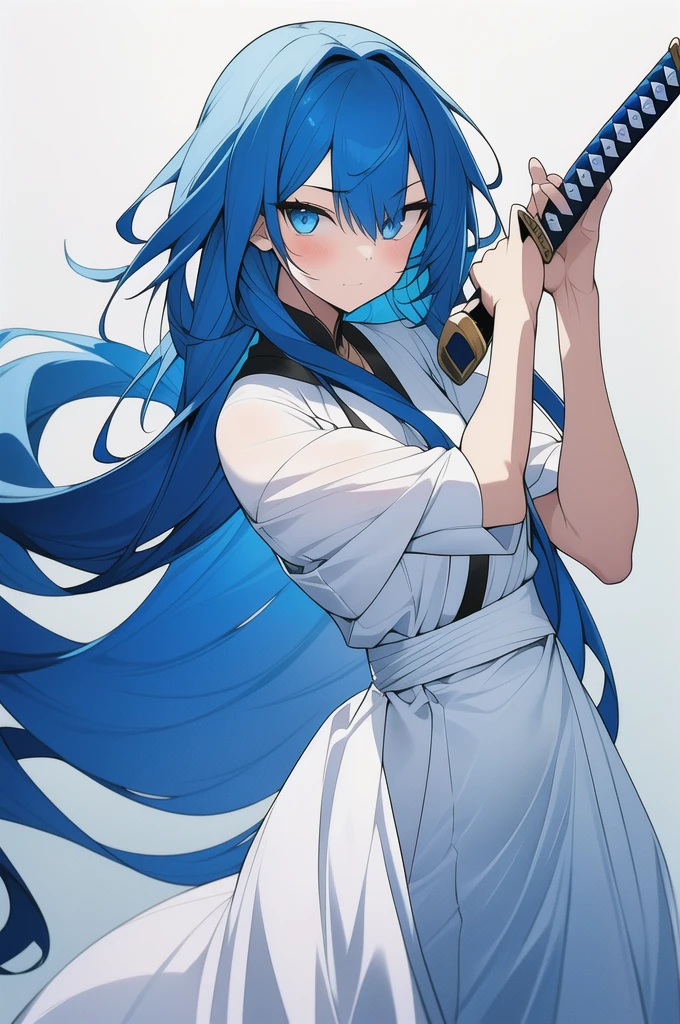 girl, long blue hair, blue eyes, white dress, with a katana