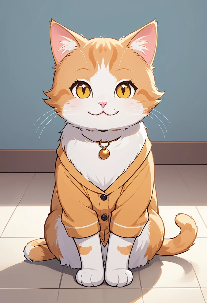 In the style of TOK, cute cat, cartoon cat, smiling, looking at the viewer, sitting, simple background
