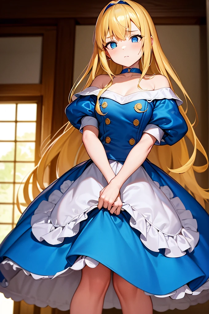 a cartoon woman with bright long blond hair in a blue dress, 1girl, solo, long hair, blonde hair, gloves, drill hair, ringlets, breasts, indoors, room background,Luviagelita_Edelfelt, 1girl solo long hair blonde hair dress drill hair brown eyes hair ribbon white boots, depth of field, masterpiece, best quality