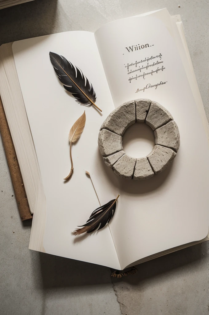 A minimalist design that combines symbols of knowledge (like a feather, a book, or a parchment) with elements of nature (como folhas, flowers or stones), representing the wisdom hidden in simplicity.