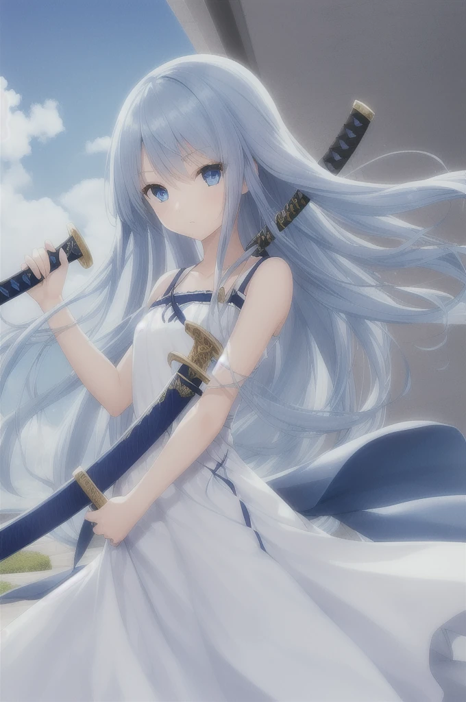 girl, long blue hair, blue eyes, white dress, with a katana