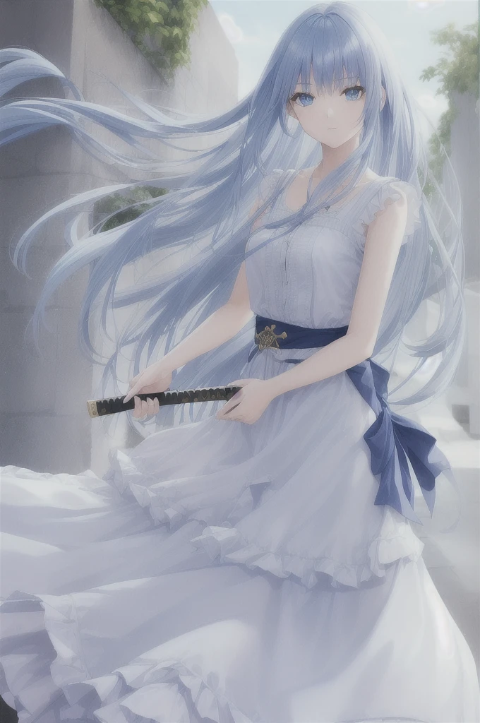 girl, long blue hair, blue eyes, white dress, with a katana