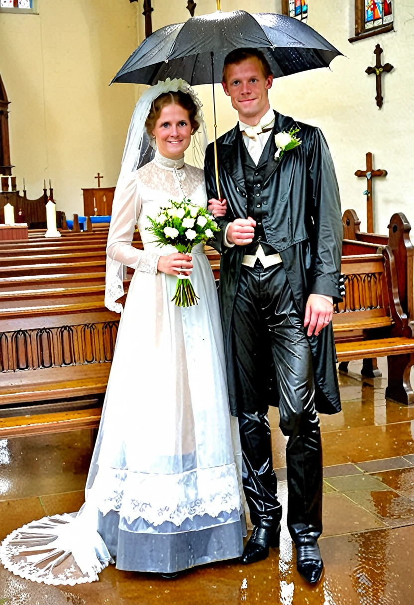 A rock woman He's getting married with her boyfriend, in Victorian merried outfit, in church, rain, soakingwetclothes, 70’s