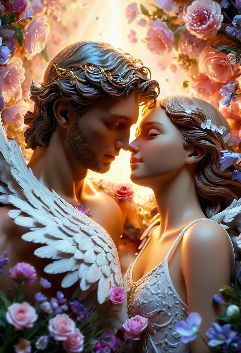 (close up of angel), Romantic style, an angel tightly embraces a crying human in a sea of flowers, lighting up his heart with love and comfort. The flowers around him seem to bloom for this love. The main subject of the picture is angels and humans, and the background is a sea of blooming flowers. The camera is close-up, full of love and warmth, wings, full body, (Photography), panoramic view, award-winning, cinematic still, emotional, vignette, dynamic, vivid, (masterpiece, best quality, Professional, perfect composition, very aesthetic, absurdres, ultra-detailed, intricate details:1.3)