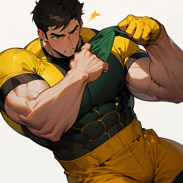 muscular male, bara, male focus, Yellow and black tight T-shirt, red shorts, huge pecs, muscular male, muscular, pectorals, white hands grab his chest, are oversized, alone, look to the side, short hair, stubble, black hair, green eyes, White background, simple background, amazing quality, best aesthetics, Ridiculous, short hair, bright pupils, open lips, Sweat, Awkward, blush, best quality