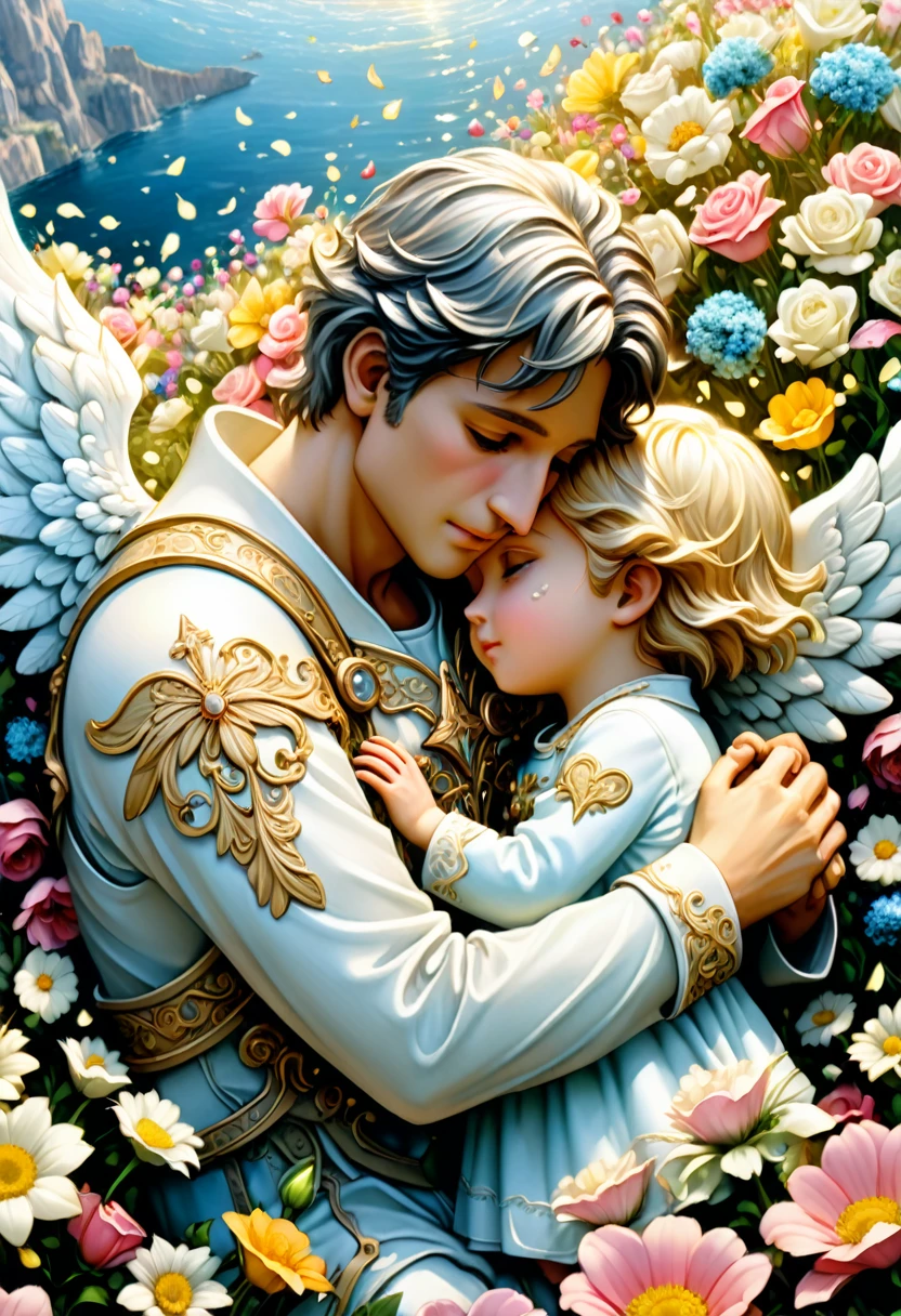 (close up of angel), Romantic style, an angel tightly embraces a crying human in a sea of flowers, lighting up his heart with love and comfort. The flowers around him seem to bloom for this love. The main subject of the picture is angels and humans, and the background is a sea of blooming flowers. The camera is close-up, full of love and warmth, wings, full body, (Photography), panoramic view, award-winning, cinematic still, emotional, vignette, dynamic, vivid, (masterpiece, best quality, Professional, perfect composition, very aesthetic, absurdres, ultra-detailed, intricate details:1.3)