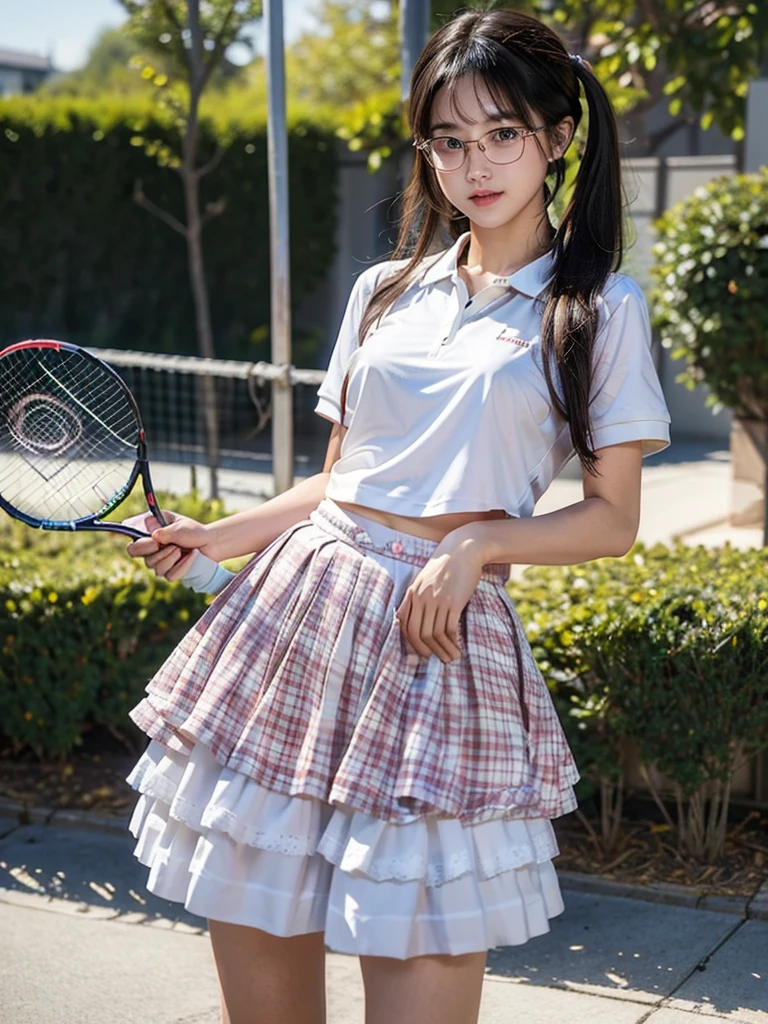 (masterpiece), (Highest quality),Ultra-high resolution, Caustics, Familiar, Beautiful Familiar FACE,Perfect Anatomy,Cowboy Shot,Solo 8 year old beauty、日BookのBookを読む人、Black Hair,Short Bob Hair,black eye,Slender body,Ideal body type,Medium chest,Sunburned skin,Glowing Skin,Oily skin,Shiny skin,Are standing,Ponytail or twin tail or bun braid twin tail,((Breathable latex、Breathable tennis uniform、Breathable white polo shirt、Breathable white pleated mini skirt)),tennis racket1Book、正しく描かれたtennis racket:1.12、Outdoor、Tennis court、,Full body image,(beautiful pussy line:1.10),(She has a very cute, young face.:1), 、(Very young and busty:1.2),(Glasses girl:30%),(Very breathable lace underwear),(Sometimes my nipples pump:1.4)