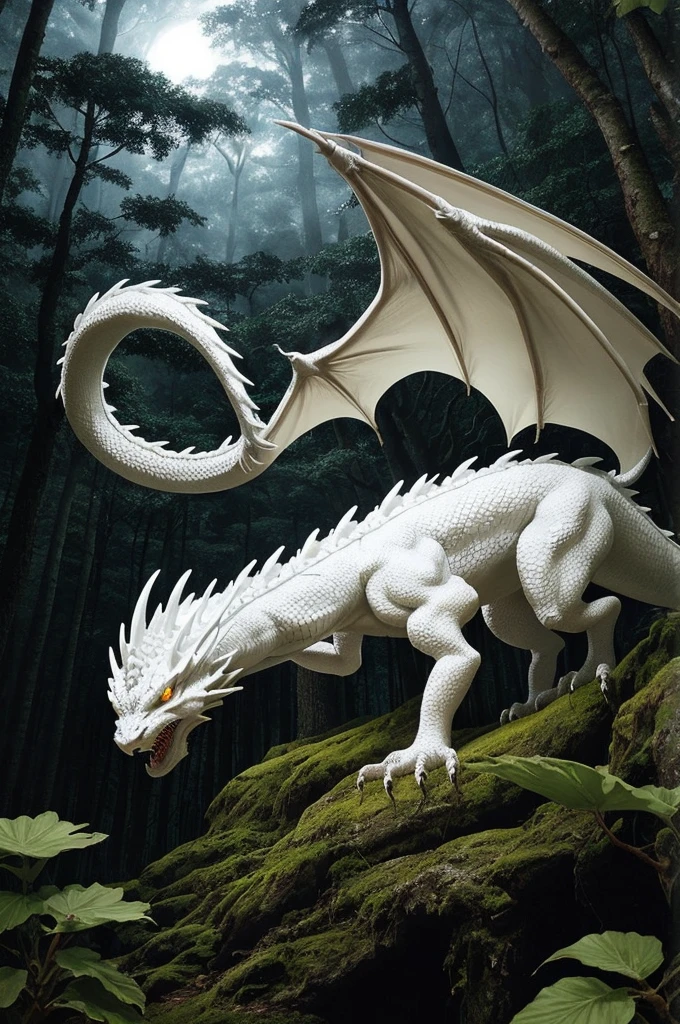 white dragon in a forest at night