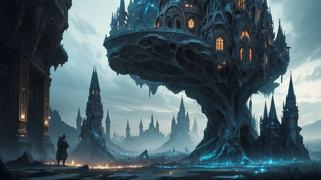 (high quality、and 8K、ultra hd, distant starlight,)、dark fantasy, The fantastic landscape, very detailed landscape, firefly light, forest、The future of science fiction, dark art, dystopian atmosphere, land like cappadocia, light from the building windows, Strange architecture and streets inspired by Antonio Gaudí, dark sky, cloudy sky, grey sky, art by:Alberto Seveso、abstract art style、intricate and detailed watercolor painting、digital paint、conceptual art、stereoscopic lighting、 TanvirTamim、reflective metal、render 2d、germ of art、ArtStat Trends