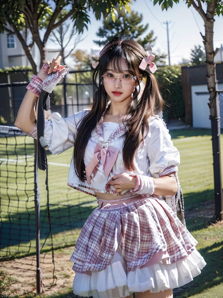 (masterpiece), (Highest quality),Ultra-high resolution, Caustics, Familiar, Beautiful Familiar FACE,Perfect Anatomy,Cowboy Shot,Solo 8 year old beauty、日BookのBookを読む人、Black Hair,Short Bob Hair,black eye,Slender body,Ideal body type,Medium chest,Sunburned skin,Glowing Skin,Oily skin,Shiny skin,Are standing,Ponytail or twin tail or bun braid twin tail,((Breathable latex、Breathable tennis uniform、Breathable white polo shirt、Breathable white pleated mini skirt)),tennis racket1Book、正しく描かれたtennis racket:1.12、Outdoor、Tennis court、,Full body image,(beautiful pussy line:1.10),(She has a very cute, young face.:1), 、(Very young and busty:1.2),(Glasses girl:30%),(Very breathable lace underwear),(Sometimes my nipples pump:1.4)