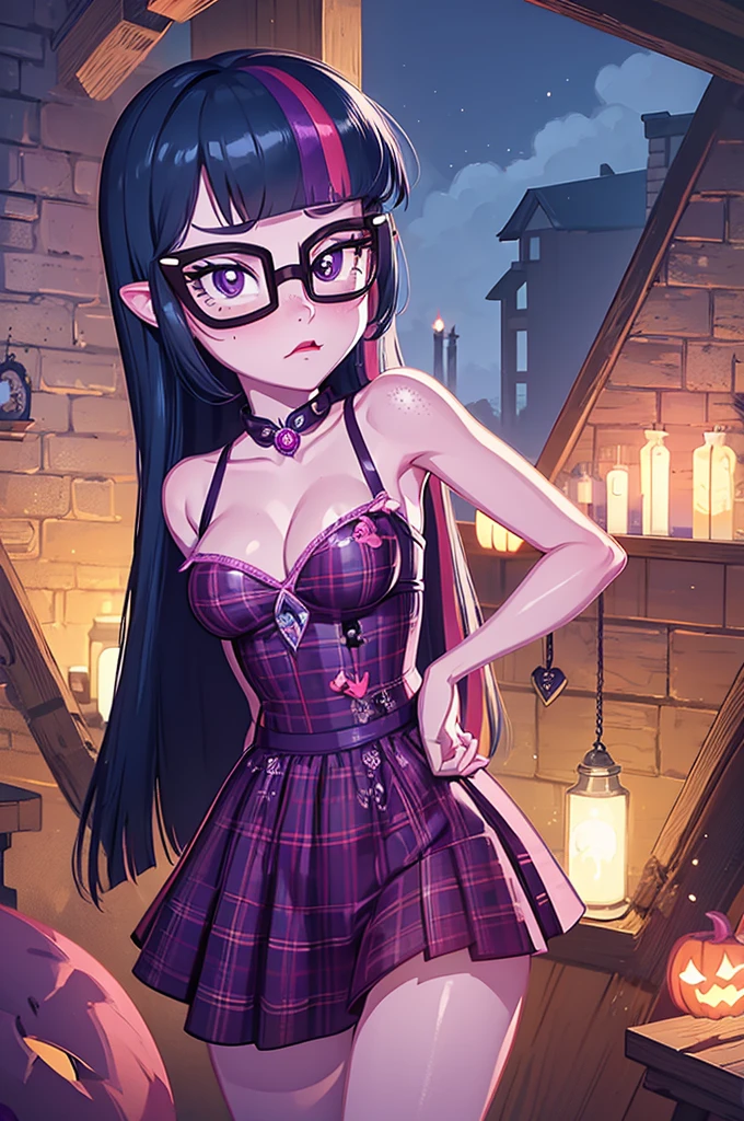 Twilight sparkle sexy revealing witch outfit, halloween, halloween night, glasses, halloween night, revealing, sexy, moonlight background, , sexy, revealing witchoutfit, sexy, boob window, flat chested, freckles, intricate detail