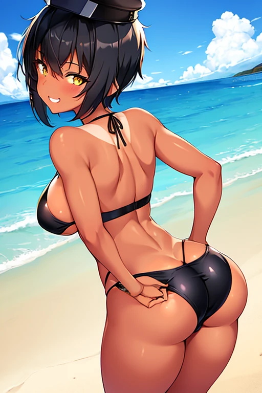 1girl, black hair, pixie cut, tomboy, yellow eyes, tan, tan body, tan skin, tan-skinned female, black bikini, military hat, from behind, ass, ass focus, cute, cute face, mature female, highleg, smile, milf, large breasts, thick thighs