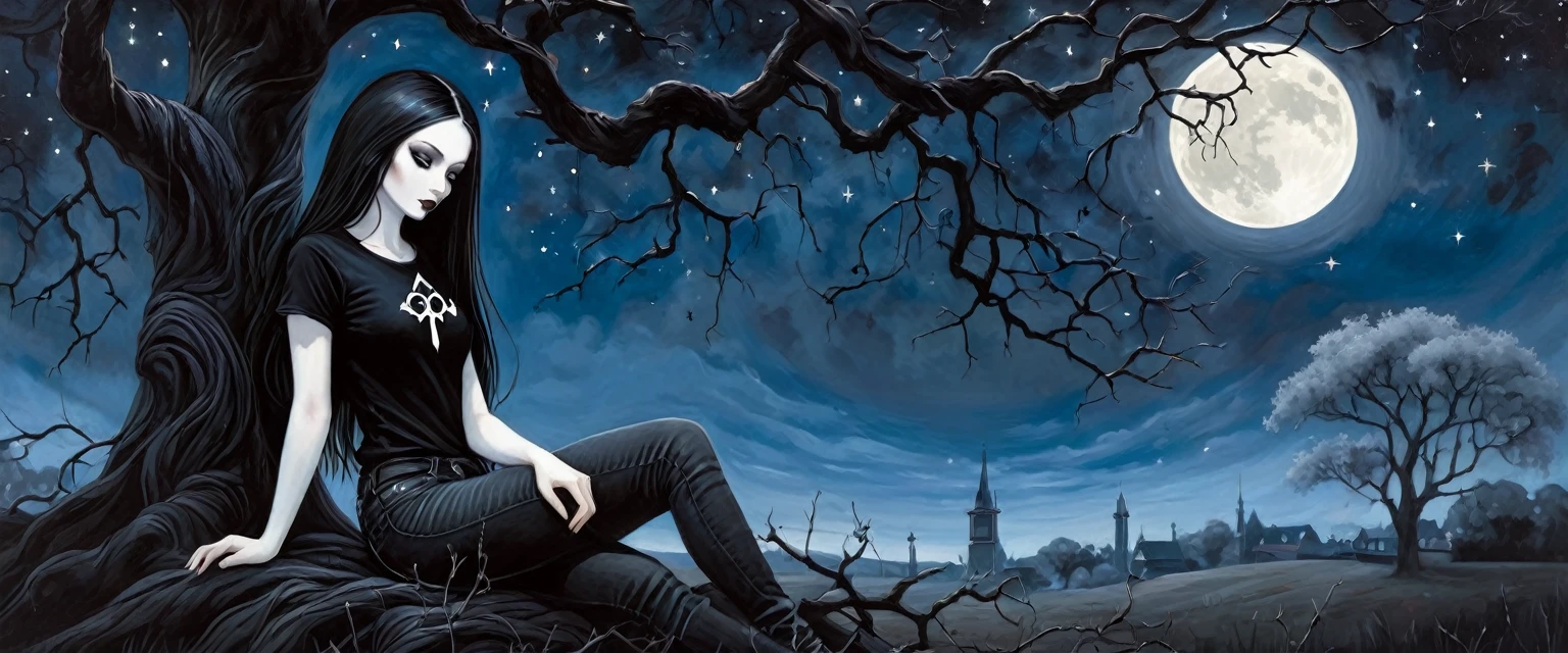 Sexy gothic girl, long black and straight hair, tight black t-shirt and jeans, small breasts, pale white skin tone, ankh symbol, a dark crow accompanies her, sitting under a tree with convoluted branches, magic, fantastic, night sky, moon , stars, background (simple oil painting in a Dave mcKean style)
