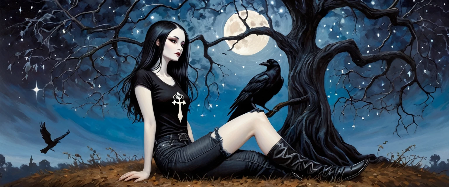 Sexy gothic girl, long black and straight hair, tight black t-shirt and jeans, small breasts, pale white skin tone, ankh symbol, a dark crow accompanies her, sitting under a tree with convoluted branches, magic, fantastic, night sky, moon , stars, background (simple oil painting in a Dave mcKean style)
