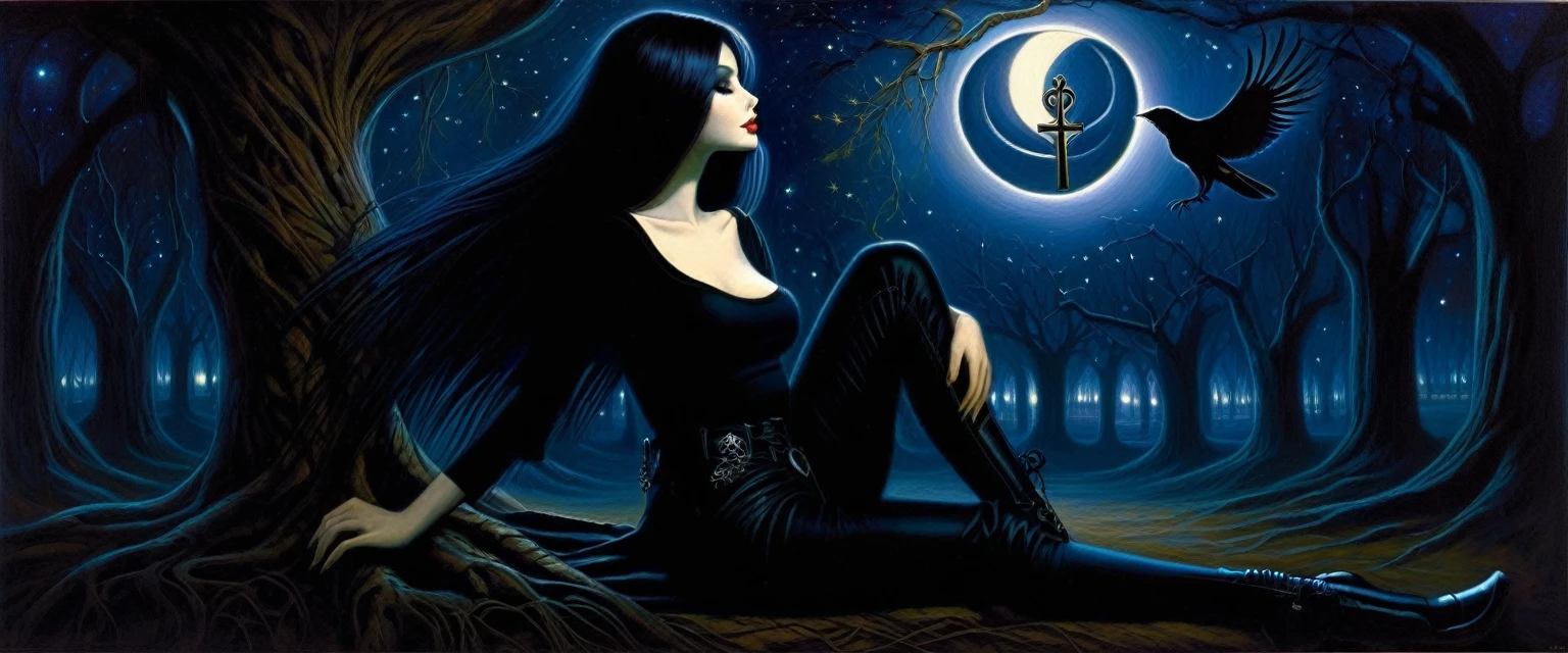 Sexy gothic girl, long black and straight hair, tight black t-shirt and jeans, small breasts, pale white skin tone, ankh symbol, a dark crow accompanies her, sitting under a tree with convoluted branches, magic, fantastic, night sky, moon , stars, background (simple oil painting in a Dave mcKean style)
