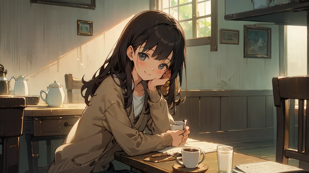 Stylish cafe、Anime Style、Freshly Brewed Coffee、Delicious looking baked goods、Relaxed atmosphere、Cozy atmosphere、Beautiful girl with dark hair sitting and drinking coffee、Wearing a beige cardigan、smile、Warm Light、avert your eyes、Ghibli style