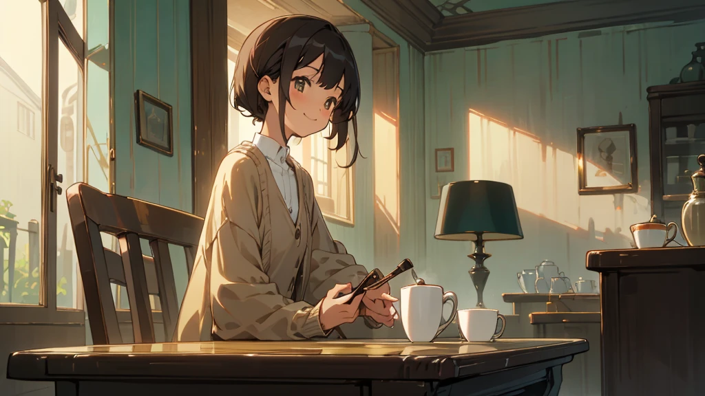 Stylish cafe、Anime Style、Freshly Brewed Coffee、Delicious looking baked goods、Relaxed atmosphere、Cozy atmosphere、Beautiful girl with dark hair sitting and drinking coffee、Wearing a beige cardigan、smile、Warm Light、avert your eyes、Ghibli style