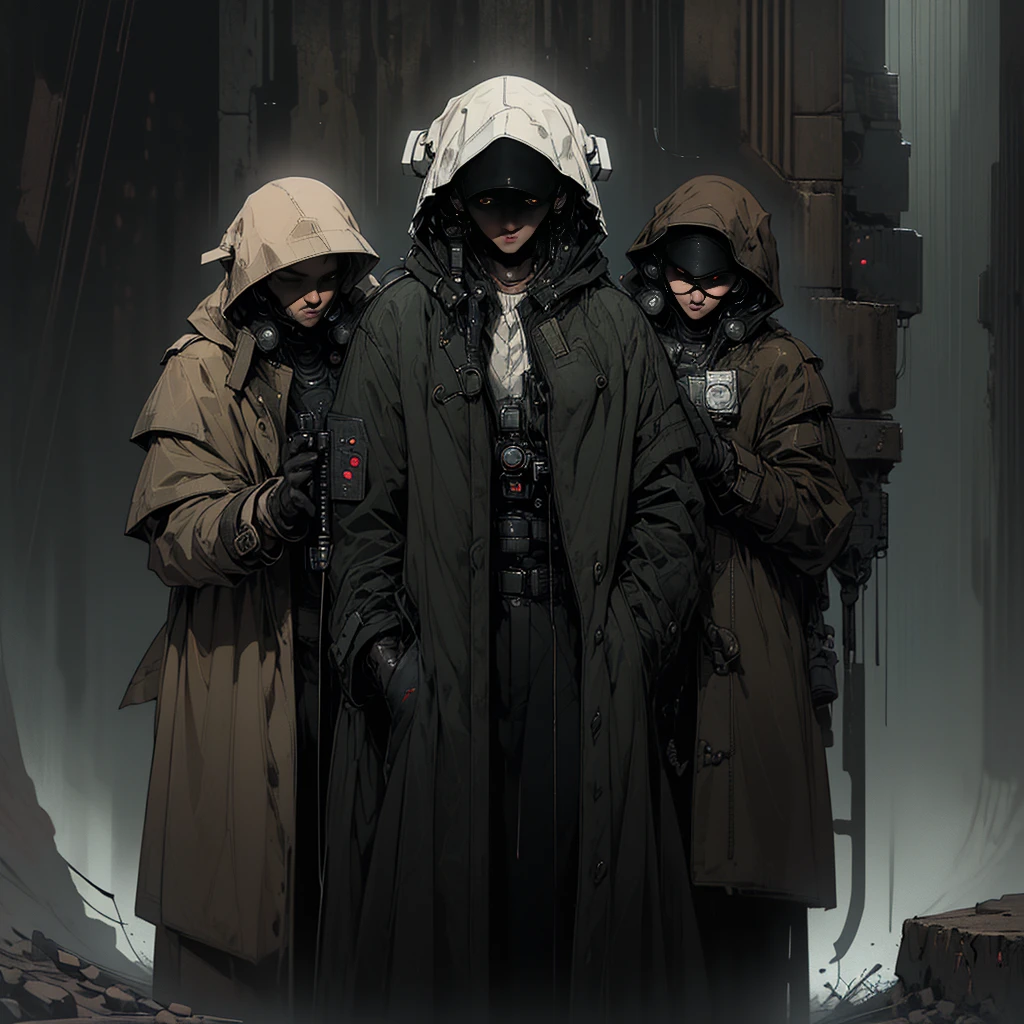 wide and far shot, ((a man in a black hooded trench coat, return to camera:1.5)), standing on rainy street, looking at a futuristic city at night, a dark cityscape with neon lights (Best Quality, 4k, 8k , high resolution, Masterpiece: 1.2), ultra detailed (realist, photorealist, photorealist: 1.37), cinematic lighting, dramatic shadows, moody atmosphere, intricate details, Bright city lights, advanced technology, Retro-futuristic architecture, dynamic pose, hood that casts shadows on the face, intense look