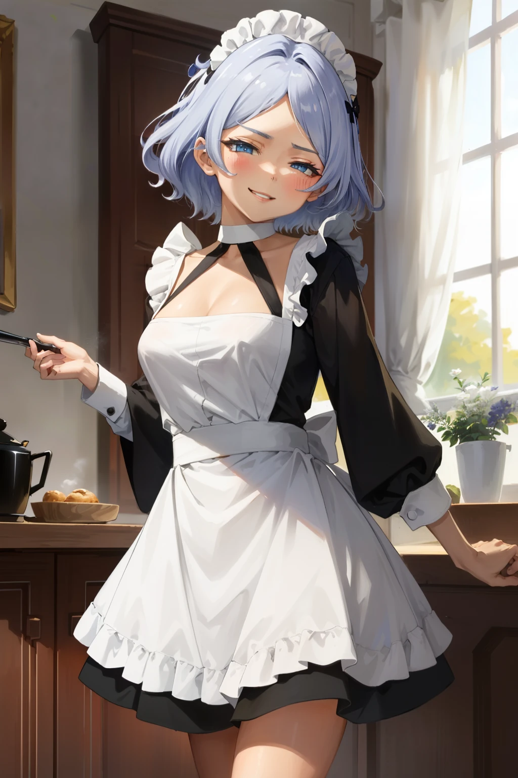 (Masterpiece), Best Quality, ultra-detailed,  1girl (Secelia Dote, short hair, blue eyes, half-closed eyes), wicked smile, parted lips, solo, maid (black), frill, apron, maid headdress, ultra mini skirt, in the livingroom, standing, Sexy waist teasing 