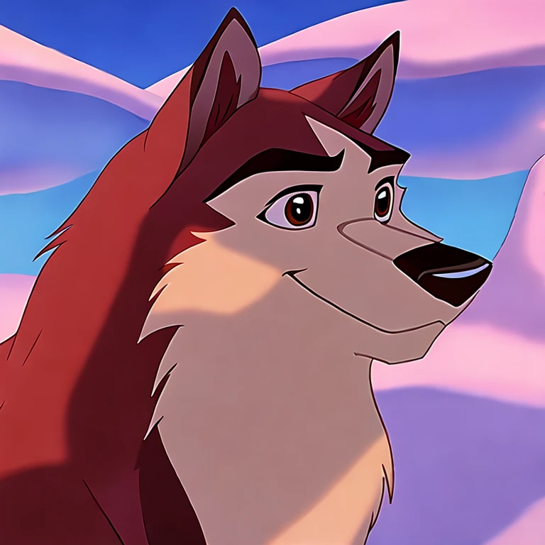 kodi, kodiak (balto), feral, dog body, half body, smile, male, red fur, tan fur, black eyebrows, black nose, winter, day, cel shaded