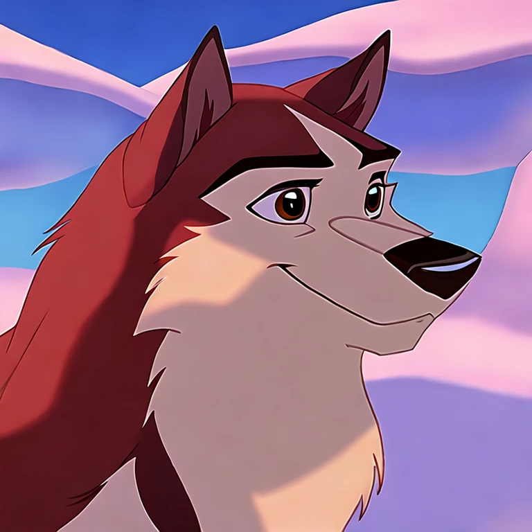 kodi, kodiak (balto), feral, dog body, half body, smile, male, red fur, tan fur, black eyebrows, black nose, winter, day, cel shaded