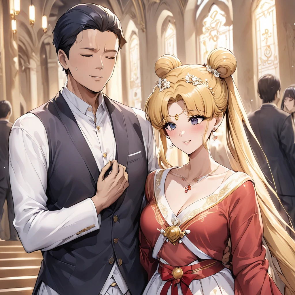 ((Highest quality)), ((masterpiece)), (detailed), (Perfect Face)、A woman is in a wedding ceremony in a luxurious Chinese church, wearing a full set of Hanfu wedding attire with gold embroidery on red fabric, embracing a middle-aged man in Hanfu.、The woman has a gorgeous hairstyle and wears gorgeous jewellery.、The woman is the elegant Tsukino Usagi, with long blonde hair in a chignon twin tail.、A man is dressed in a Hanfu groom costume and is having a wedding with a woman
