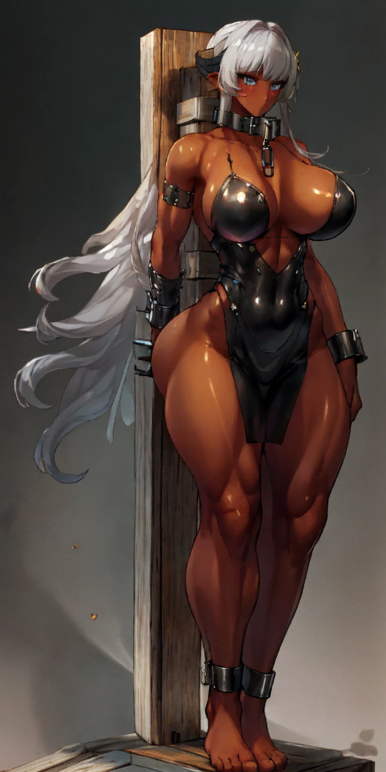 (Masterpiece, best quality, intricate details, 1sologirl) iron collar, arms behind back, iron cuffs, shackles, leather collar choker neck bell, bound ((standing by wooden pole:1.2)) ((female Black Dark skin Gyaru)) show entire body frontal position, feet in view, realistic, gorgeous 16y.o. darkest skinned mixed race female, black African, transparent black pantyhose, legs open, museum,barefoot no shoes, looking to viewer straight symmetrical, white silver long hair