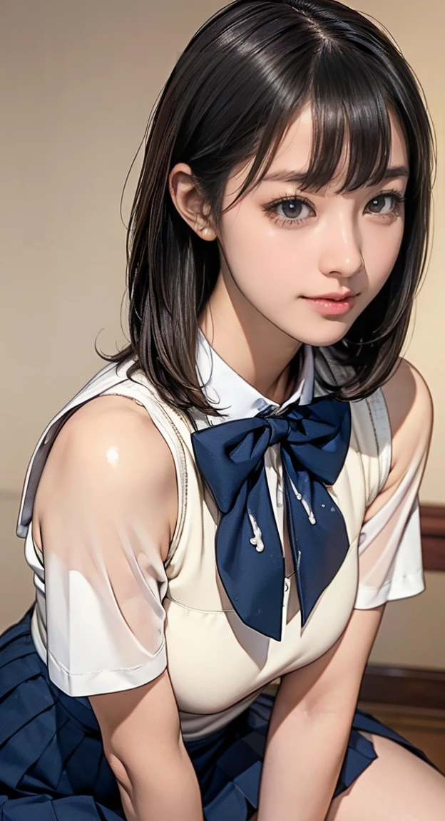 (nude)(masterpiece:1.2, Highest quality), (Realistic, photoRealistic:1.4), Beautiful illustrations, (Natural Side Lighting, Cinema Lighting), Written boundary depth, Looking at the audience, Front view, 1 Girl, Asian, 15 years old, ((Bob Hair)), Perfect Face, Cute symmetrical face, Pale skin, Shiny skin, Asymmetrical bangs, Big eyes, Droopy eyess, Long eyelashes, thin, Beautiful Hair, Beautiful Face, Beautiful and beautiful eyes, Beautiful clavicle, Beautiful body, Beautiful breasts, Beautiful thighs, Beautiful feet, Beautiful fingers, ((High quality fabric, Brown knitted vest, Short sleeve white collar shirt, Navy Pleated Skirt, Navy bow tie )), (vaginal Sex:1.5), (Beautiful views), evening, Droopy eyes, (Cum in pussy:1.5), Sex, erotic, Cum in pussy, Heterosexual, Mole, Mole under eye, (smile, Excellent, Open your mouth)