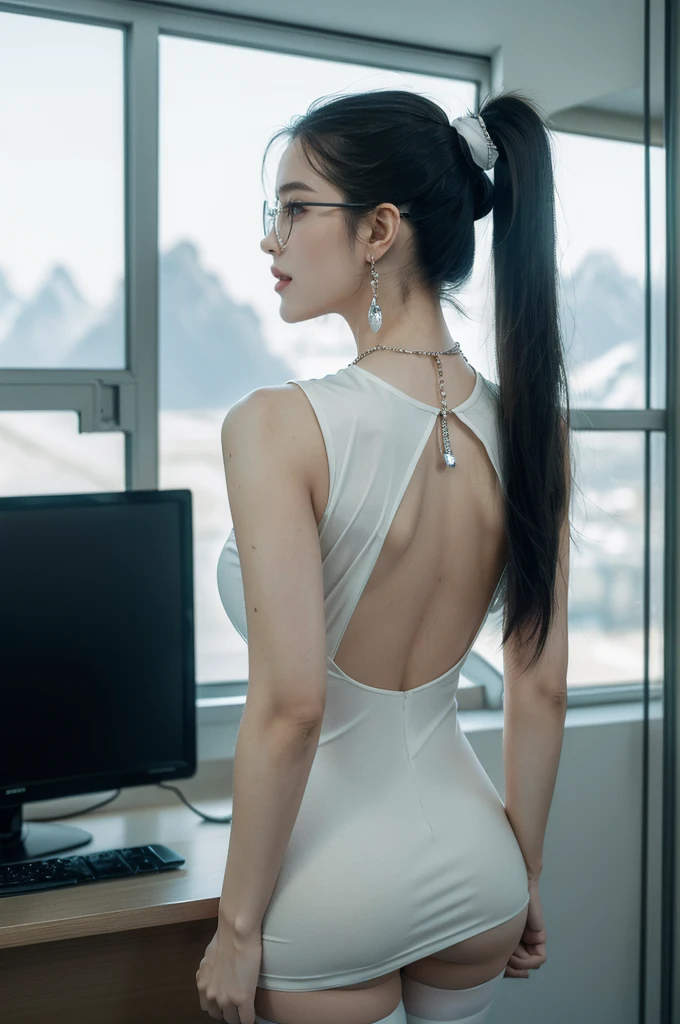 (((best quality))),(((ultra detailed))),(((masterpiece))),illustration,((1 beautiful girl,solo)),((slim,thin)),futuristic laboratory, ((stylish glasses,detailed eyes)), intelligence, white lab coat,(short ponytail:1.2), flawless skin,(laughing:1.2),((earrings,crystal necklace)),(stockings:1.3), cyberpunk vibe, high-tech equipment, darkened lighting, high-altitude lamps, beakers, flasks, test tubes, computer screens, consoles, terminals, scientific wonderland, desolate surroundings, time warp, motionless, deep in concentration, profound scientific mystery, secrets of the universe, beauty, poignancy, essence of science, mystery, alluring appeal, captivating, enchanting,((upper body,from back,bare back,towering hips,butt crack))