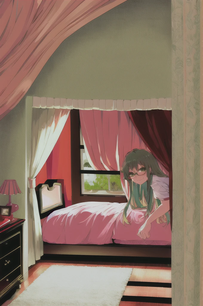 masterpiece, Highest quality, original character,bed,Top View,Sex Hotels,Plan view,pillow,curtain, bed, One girl, alone, Green long hair,hidden ,blush, Glasses, Orange eyes, Year of the animal, Are standing, Look at Viavel, Eyes visible through hair, smile, Dead Eyes, Serena&#39;s facial expression, Black Pantyhose, See-through pants, Browsing Caution