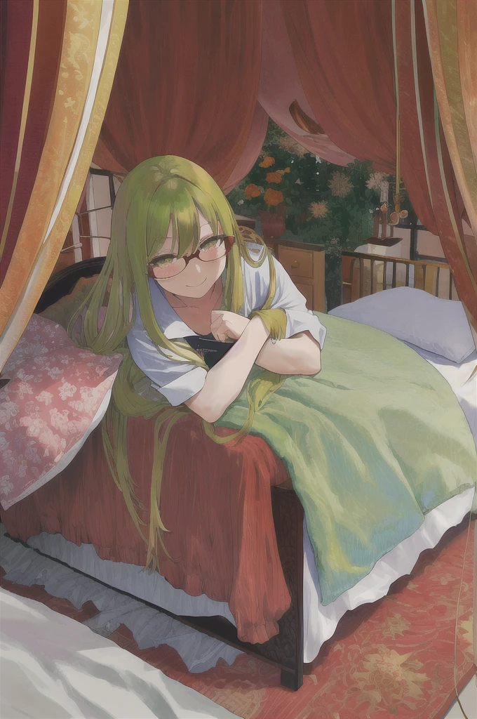 masterpiece, Highest quality, original character,bed,Top View,Sex Hotels,Plan view,pillow,curtain, bed, One girl, alone, Green long hair,hidden ,blush, Glasses, Orange eyes, Year of the animal, Are standing, Look at Viavel, Eyes visible through hair, smile, Dead Eyes, Serena&#39;s facial expression, Black Pantyhose, See-through pants, Browsing Caution