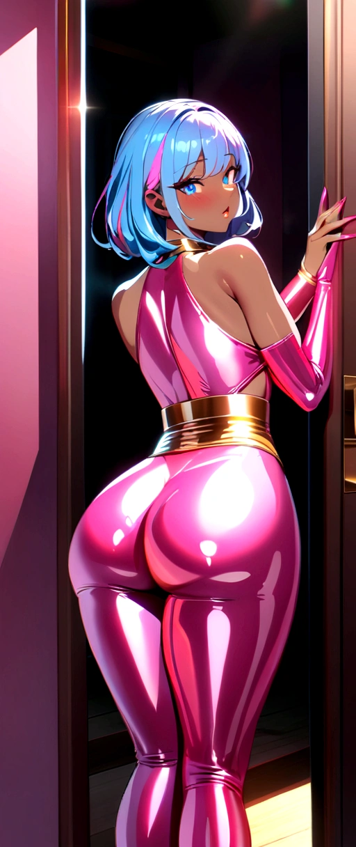 masterpiece, Best quality, beautiful detailed eyes, street outfit, (1 girl), beautiful hair, Body-hugging, shiny clothes with gold details, blush, pomade, Eyeliner, parted lips, Colorful, beautiful lips, ray tracing, perfect lighting, extremely detailed 8k wallpaper, (detailed background), Perfect eyes, (sexy pose), Bedroom , stands at the threshold of the door , A room in pink tones ((dark skin)), (Girl with pink and blue hair), curvy body, big ass, big tits
